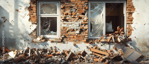 Postearthquake damage to a house, digital art with fractured walls, broken windows, and debris, emphasizing the destruction and chaotic aftermath photo