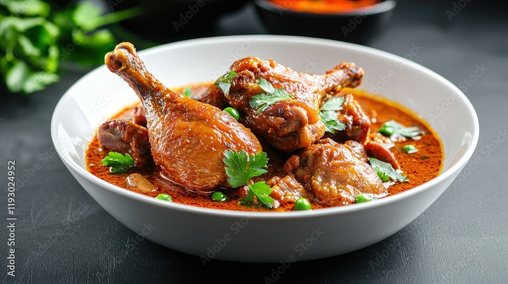 Bowl of chicken curry and thai roasted duck in rich red curry served with vegetables and rice Bowl of chicken curry and thai roasted duck in rich red curry served with vegetables and rice