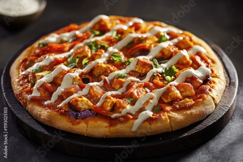 It is hot & spicy Indi Tandoori Pizza.Truely Indian Tandoori paneer with capsicum photo