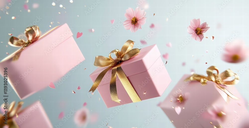 Fototapeta premium Valentine's Day banner with pink gift boxes with a golden ribbon and flying flowers on a light background. Greeting card template for Happy Valentine's Day celebration.