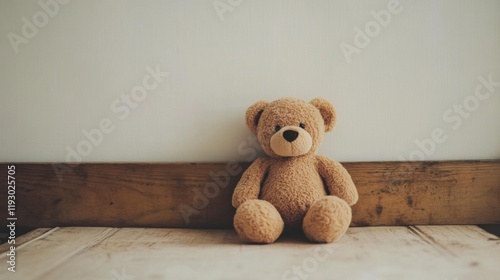 Lonely teddy bear sits on wooden floor against white wall.