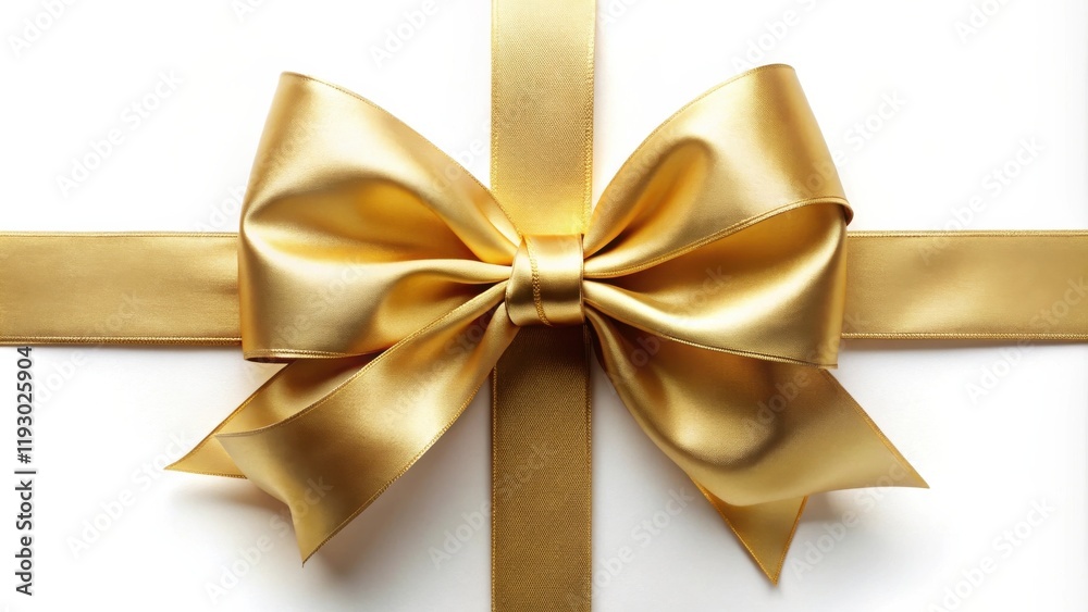 Elegant golden satin ribbon bow on white background, perfect for gift wrapping, celebrations, and special occasions. Elegant golden satin ribbon bow on white background, perfect for gift wrapping, celebrations, and special occasions.