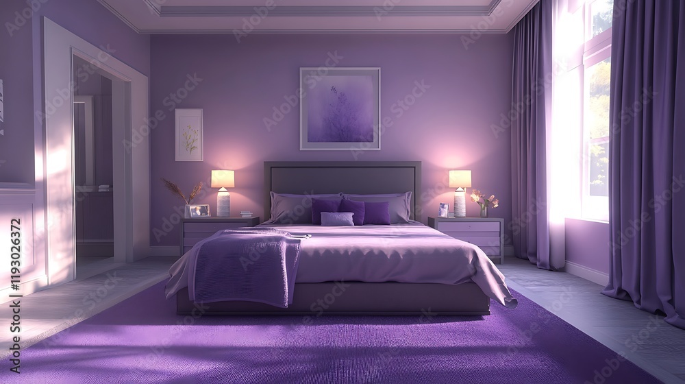 Modern bedroom design with private closet features elegant purple decor cozy environment serene viewpoint Modern bedroom design with private closet features elegant purple decor cozy environment serene viewpoint