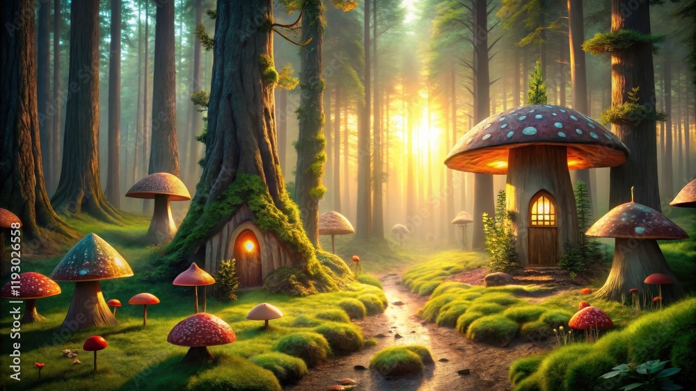 Fototapeta premium Enchanted Forest Path with Fairy Homes in Giant Mushrooms and Trees