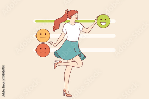 Woman with high emotional intelligence controls own behavior and moves emoji sliders. Positive girl with excellent emotional intelligence, taking care of optimistic mood to avoid stress