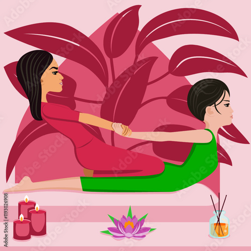 Thai massage. Therapy and treatment by professional therapist in SPA. Isolated flat vector illustration. Eastern and Asian ethnicity.
