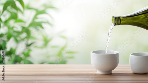 Bottle pouring water into two cups and traditional japanese sake being served in a ceramic container
