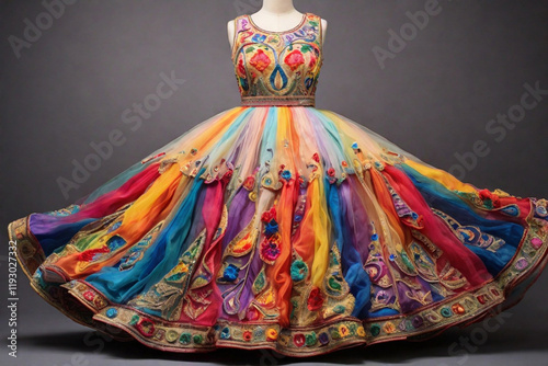 A cheerful, multicolored embroidered frock with rainbow motifs.
