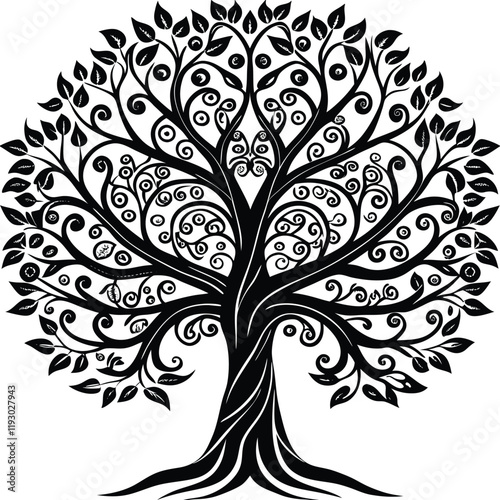 Black and white illustration, symmetrical tree silhouette, ornate swirling branches, intricate leaf patterns, circular tree crown, detailed botanical design, stylized nature art, monochromatic tree 