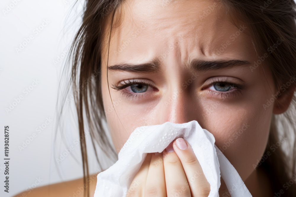 Close-up of young woman holding tissue to her nose, expressing discomfort and tiredness, symbolizing health issues or allergies. Suitable for medical or emotional content themes Close-up of young woman holding tissue to her nose, expressing discomfort and tiredness, symbolizing health issues or allergies. Suitable for medical or emotional content themes