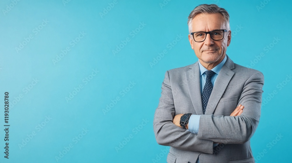 Senior Financial Consultant with Arms Crossed in a Stylish Suit Against a Blue Background Senior Financial Consultant with Arms Crossed in a Stylish Suit Against a Blue Background