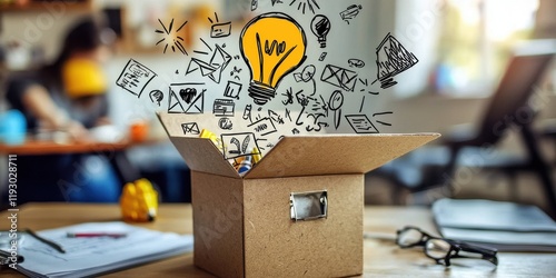 The symbolism of teamwork and collaboration is highlighted by a brimming suggestion box.  photo