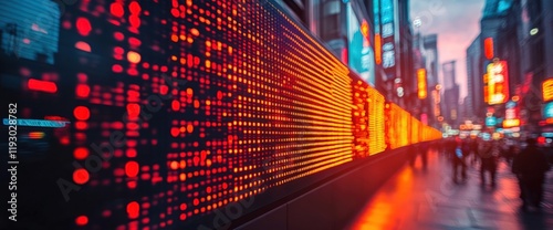 Illuminated stock ticker in city at night.