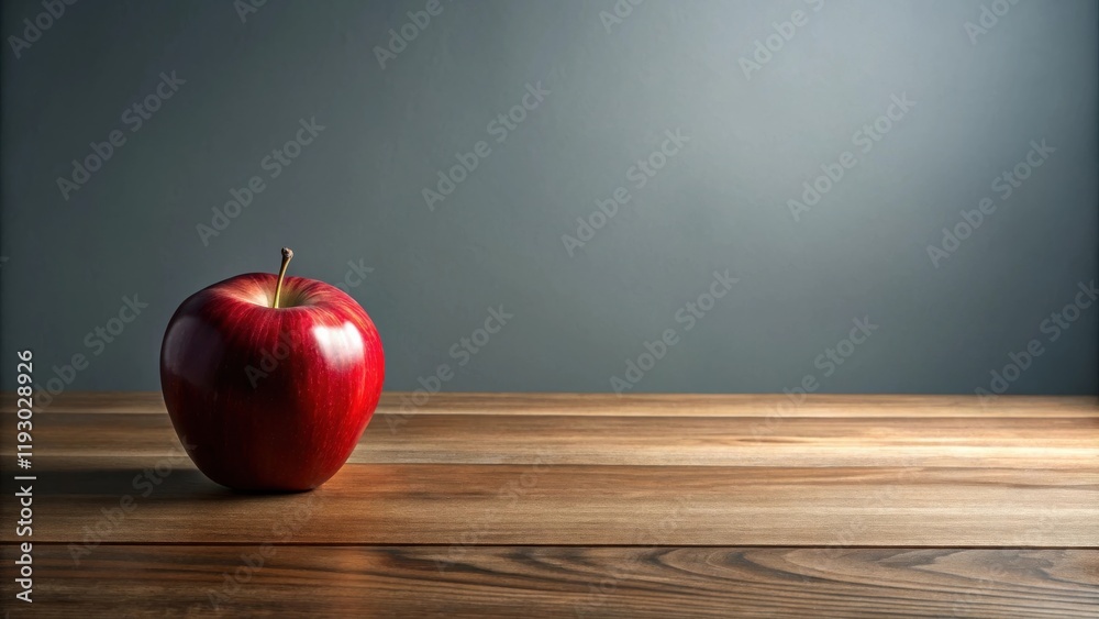A single, ripe red apple rests on a polished wooden surface against a muted gray backdrop A single, ripe red apple rests on a polished wooden surface against a muted gray backdrop