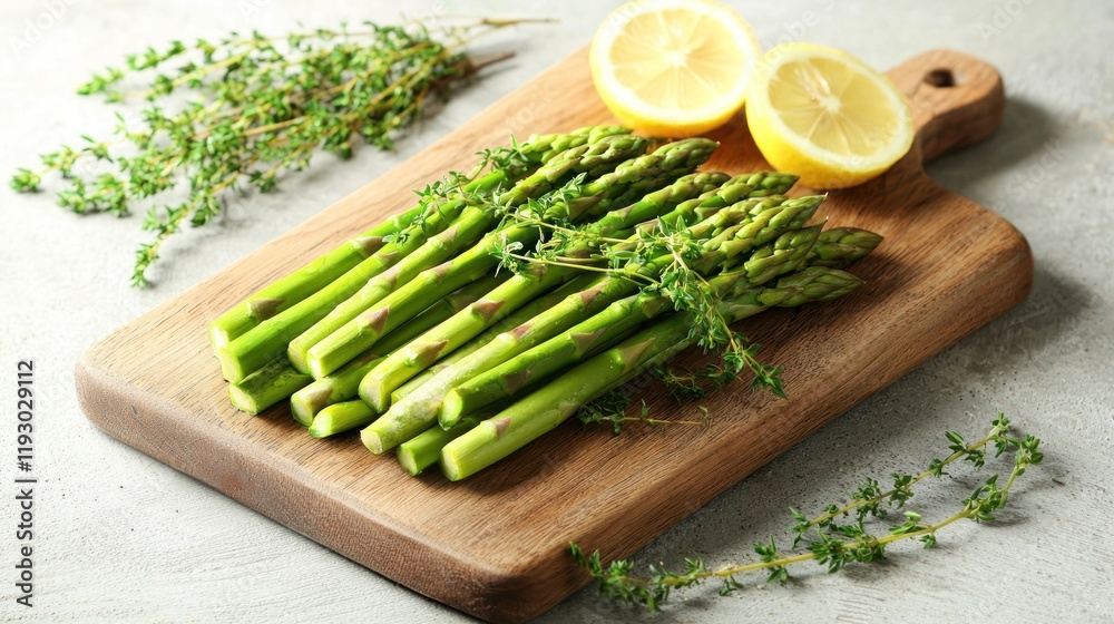 A serving of perfectly cooked asparagus on a cutting board, garnished with herbs and lemon slices. A serving of perfectly cooked asparagus on a cutting board, garnished with herbs and lemon slices.