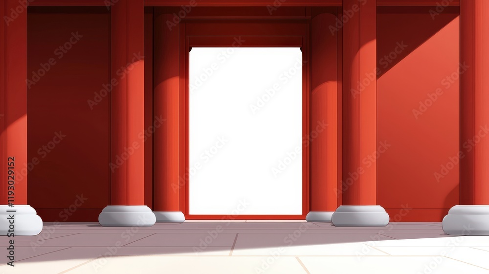 Red interior room with white door and two white vases in elegant chinese palace background vector illustration Red interior room with white door and two white vases in elegant chinese palace background vector illustration