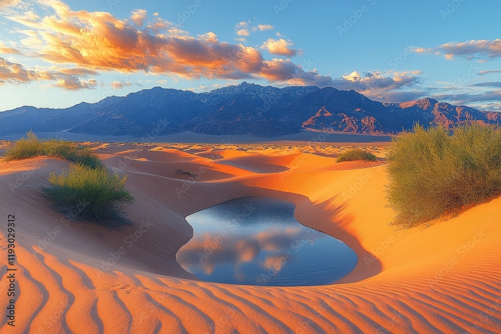 Φωτογραφία A  Oasis in vast desert landscape with rolling dunes, capturing the beauty and mystery of the Desert