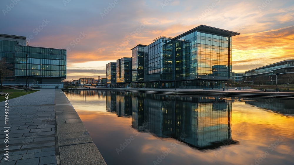 Fototapeta premium Modern office buildings by a river at sunset symbolize growth and investment opportunities.