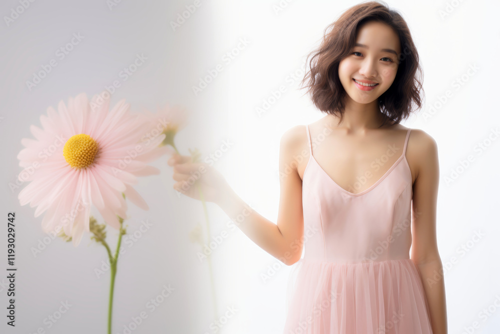 Smiling young asian woman in delicate pink dress poses with pastel-colored flower, symbolizing femininity, beauty and self-care, captured in calm and bright atmosphere Smiling young asian woman in delicate pink dress poses with pastel-colored flower, symbolizing femininity, beauty and self-care, captured in calm and bright atmosphere