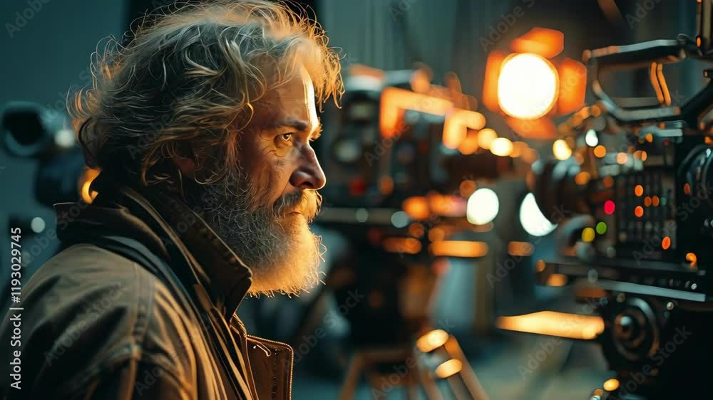 A filmmaker focused on the camera in a dramatic lighting setting A filmmaker focused on the camera in a dramatic lighting setting