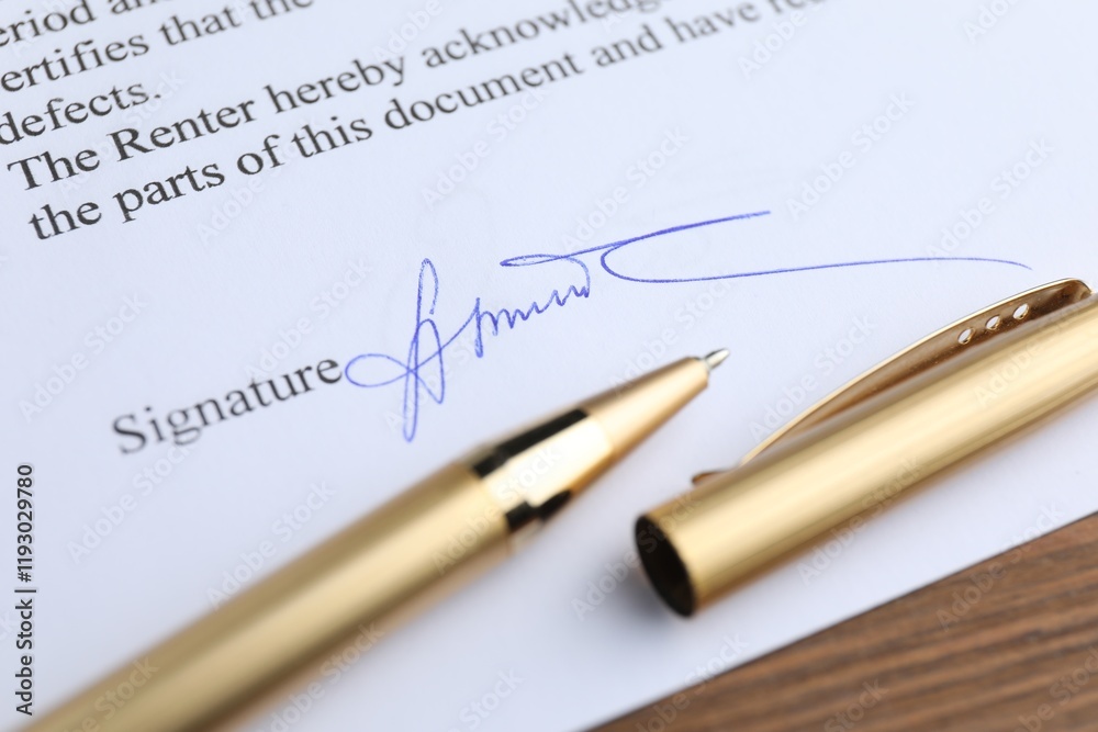 Ballpoint pen and signature on contract at wooden table, closeup Ballpoint pen and signature on contract at wooden table, closeup