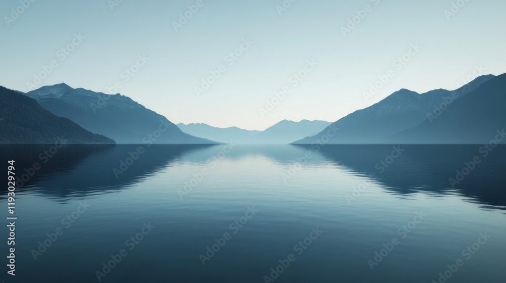 Serene lake mirroring mountains under a calm sky. Serene lake mirroring mountains under a calm sky.