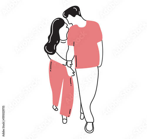 minimalist Happy love couples. Men and women kissing, hugging, and cuddling. Diverse people in romantic relationships. Colored flat feeling in love vector illustration