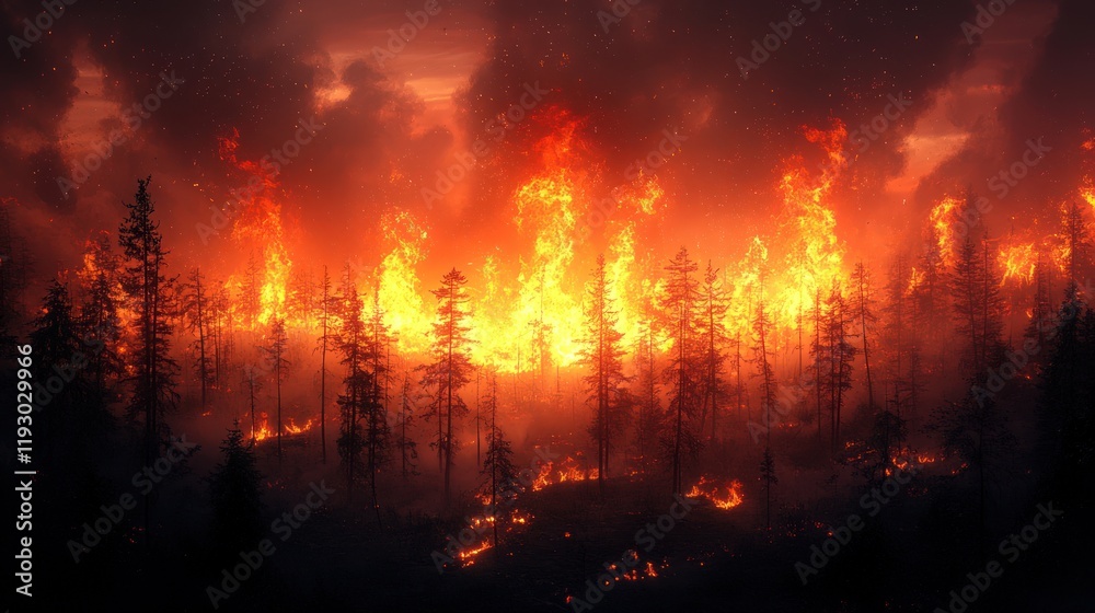 Intense wildfire engulfing a dense forest at night, with flames reaching high into the smoky sky. Intense wildfire engulfing a dense forest at night, with flames reaching high into the smoky sky.