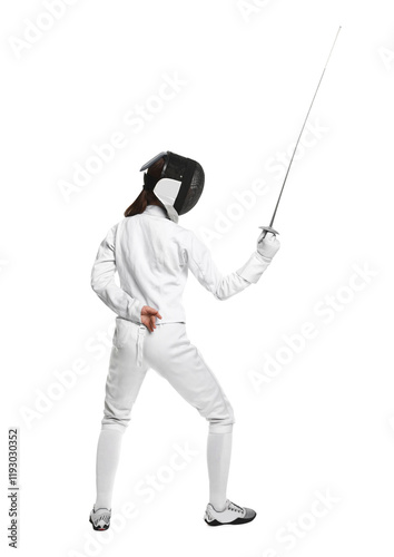 Obraz na plátne Fencer with epee practicing on white background