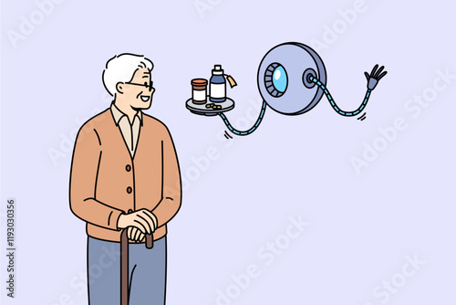 Robot assistant helps elderly person by bringing medications to combat age-related diseases. Robot assistant from science fiction books flies near gray-haired grandfather with crutch in hands.