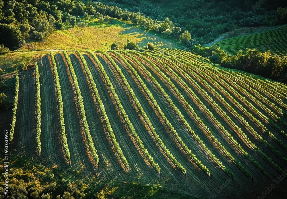 Fototapeta premium Lush Green Vineyard Landscape with Vibrant Rows of Grapes Under Soft Golden Light Surrounded by Lush Vegetation and Rolling Hills in Nature