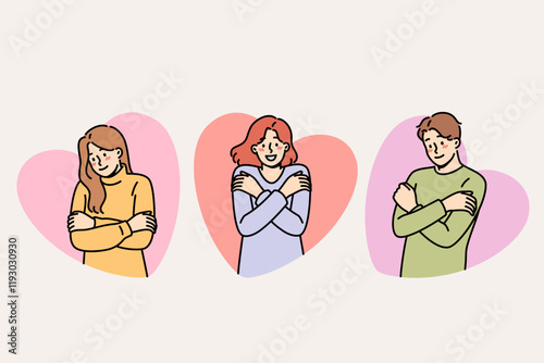 People demonstrate self-love and psychological stability, hug themselves, feeling surge of positive emotions. Concept of self-love and high self-esteem improving mood and avoiding depression