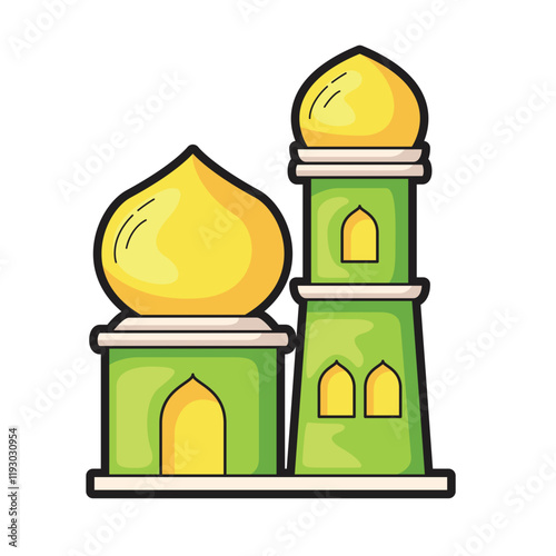 Green mosque design with yellow domes and arched entryways. Suitable for travel brochures, cultural websites, or religious publications