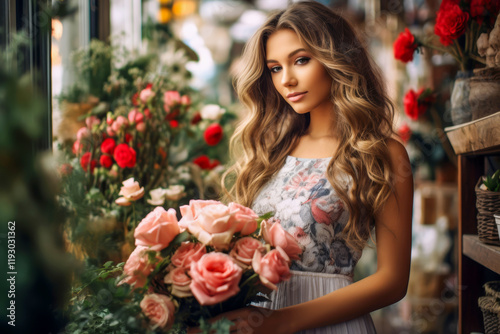 Graceful young woman with flowing hair holds bouquet of vibrant pink roses in blooming flower shop, capturing essence of beauty, elegance and connection to nature