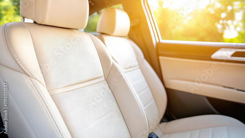 Luxurious beige car seats with sunlight streaming through window