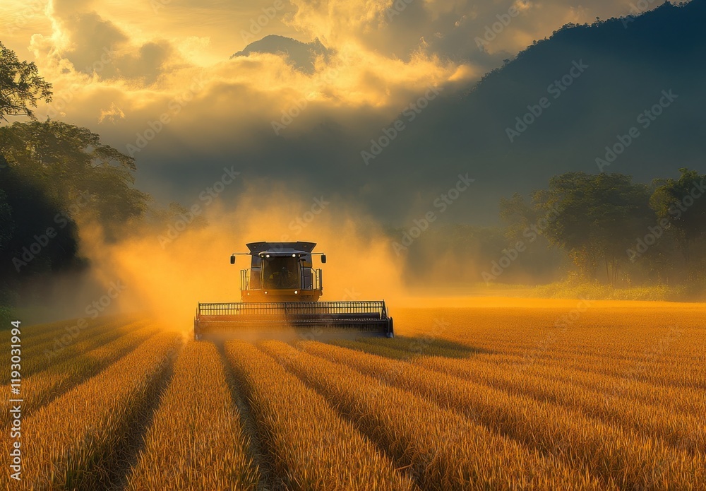 Fototapeta premium Majestic Harvest Scene with Combine in Golden Rice Field Surrounded by Mountains and Dramatic Sunrise Lighting the Sky with Warm Colors