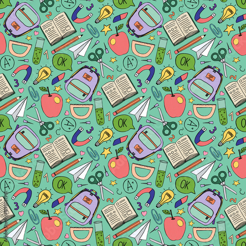 Seamless pattern with school supplies, backpacks, books, apples, test tubes, magnets, and lightbulbs. Perfect for wrapping, stationery, packaging, fabric, and back-to-school projects.