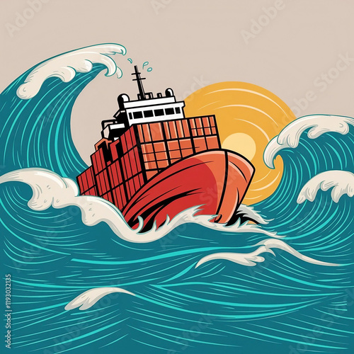 A bold, stylized vector illustration of a container ship braving tumultuous ocean waves photo