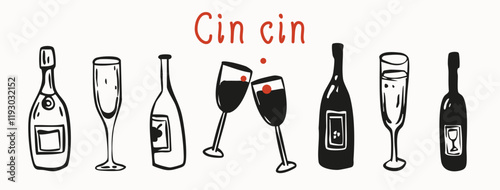 Party cheers drinks hand drawn in whimsical retro vintage line art style. Ideal for wedding invitation, menu design print collection.
