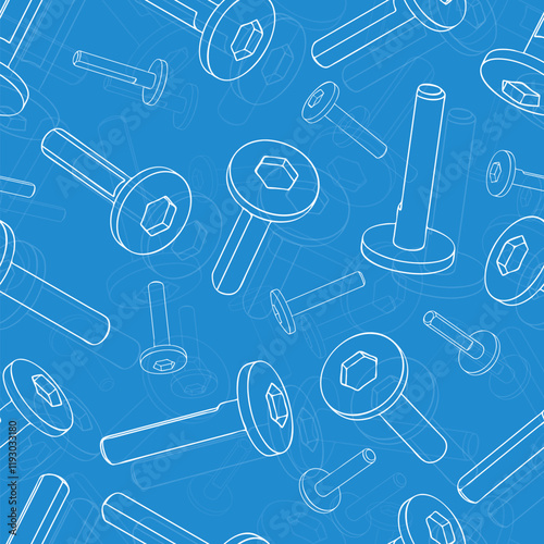 Mechanical engineering drawings on blue background. Cutter, assembly tool with replaceable multi-faceted plate. Technical Design. Cover. Blueprint. Vector illustration.