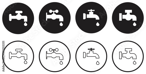 Icons of Water Taps in Black and White Circular Styles. Isolated On Transparent Background.