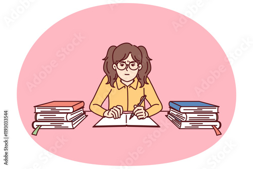 Teenage girl with school books sits in classroom and prepares for difficult exam. Girl from elementary school trains knowledge before olympiad to be smarter than classmates and get good grades