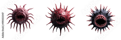 terrifying horror inspired depiction of virus with sharp spikes and menacing features, evoking fear and dread photo