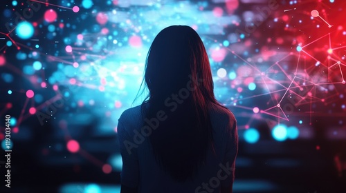 Backview Of Caucasian Woman Connecting to Animated Stream Of Content. Visualization Of Browsing Metaverse Big Data with Viral Videos, Social Media Profiles with Influencers, Generative Ai