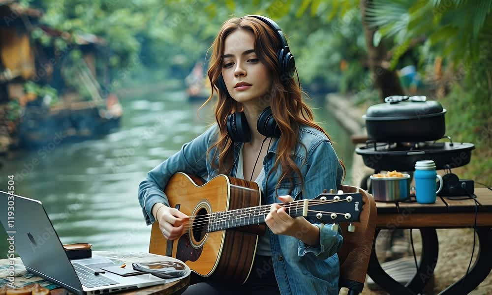 Woman plays acoustic guitar by river, using laptop and headphones.