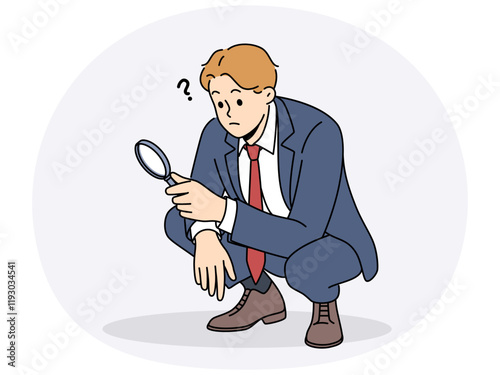 Business man with magnifying glass squats doing work of analyst or supervisor conducting audit. Guy in business suit is independently investigating causes of financial problems in company