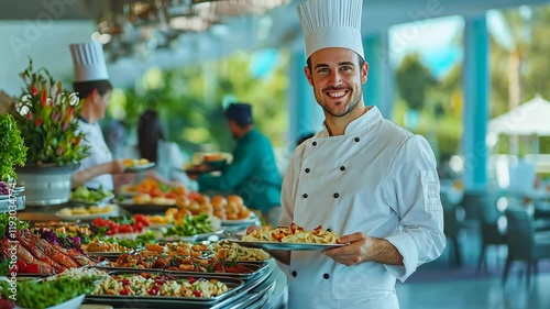 Chef presenting a delicious spread of fresh dishes at a bustling outdoor buffet during a summer event