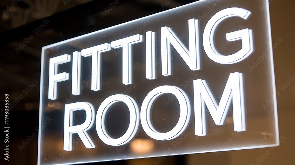 Fitting Room sign with white letters illuminated on a transparent surface for business purposes Fitting Room sign with white letters illuminated on a transparent surface for business purposes