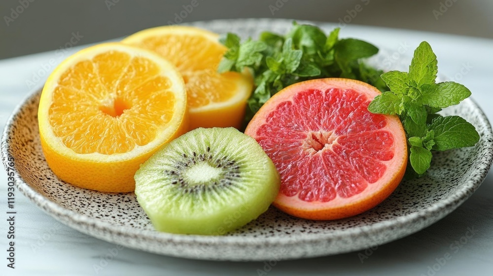 Vibrant Slices of Citrus Fruits and Kiwi with Fresh Mint on a Plate Vibrant Slices of Citrus Fruits and Kiwi with Fresh Mint on a Plate