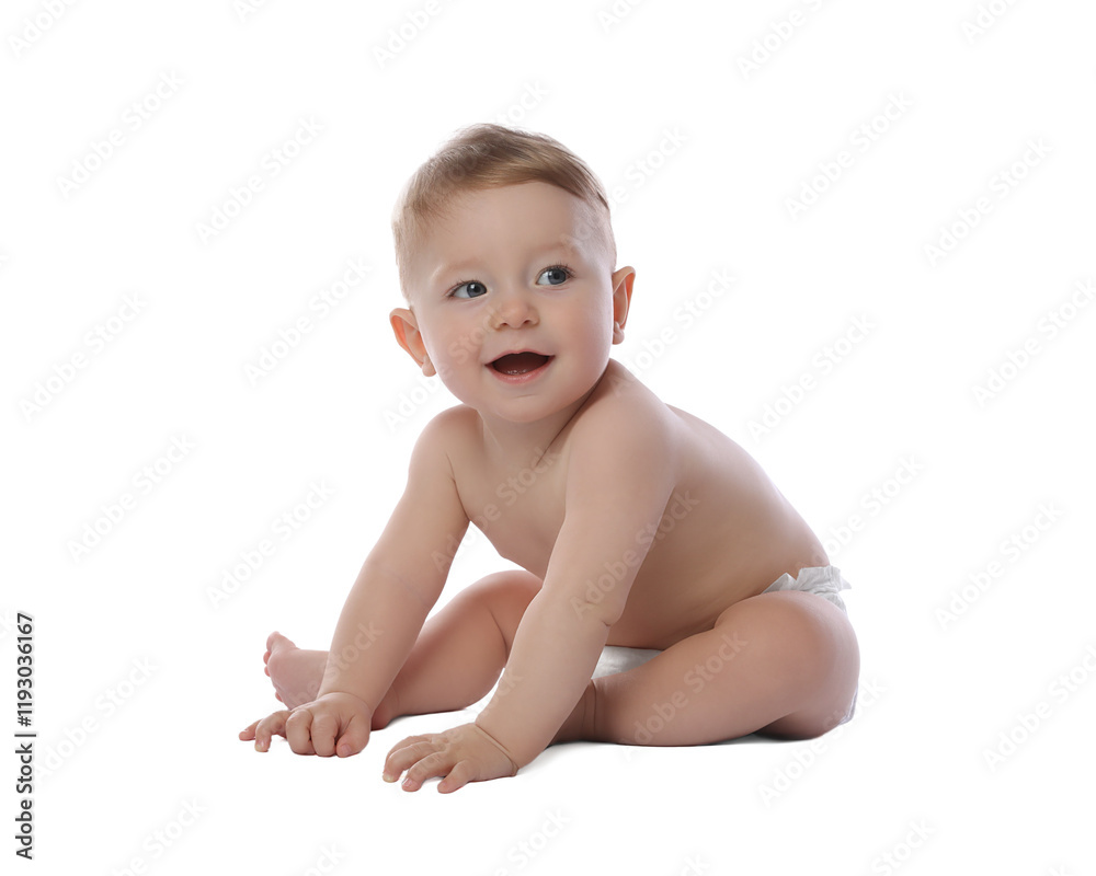 Little baby in diaper on white background Little baby in diaper on white background